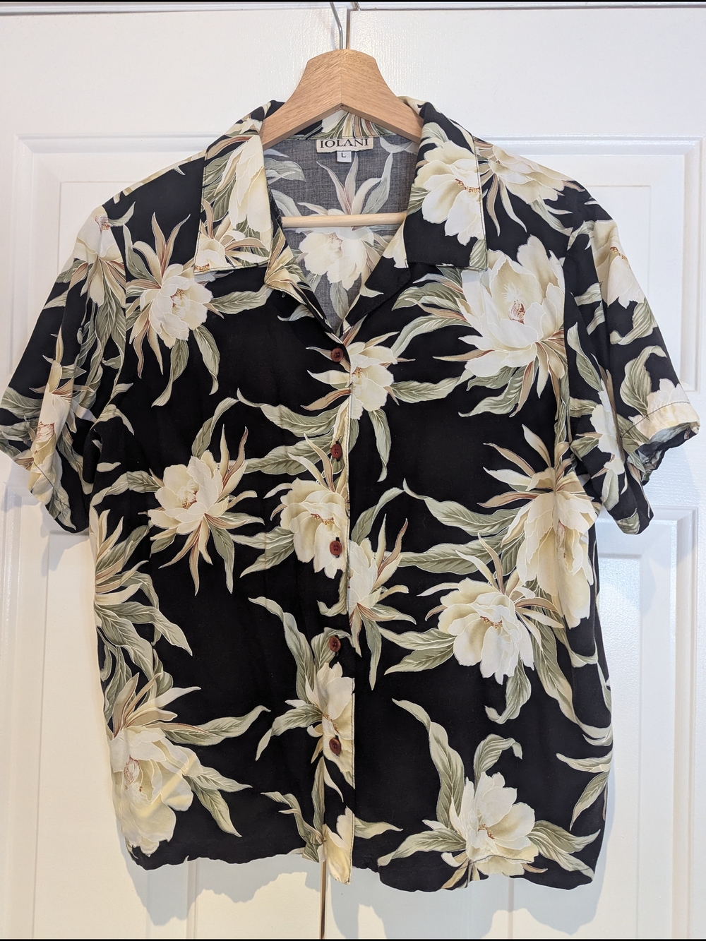 Iolani Vintage Womens Black Floral Print Hawaiian Button Down Shirt Eclectic S/M